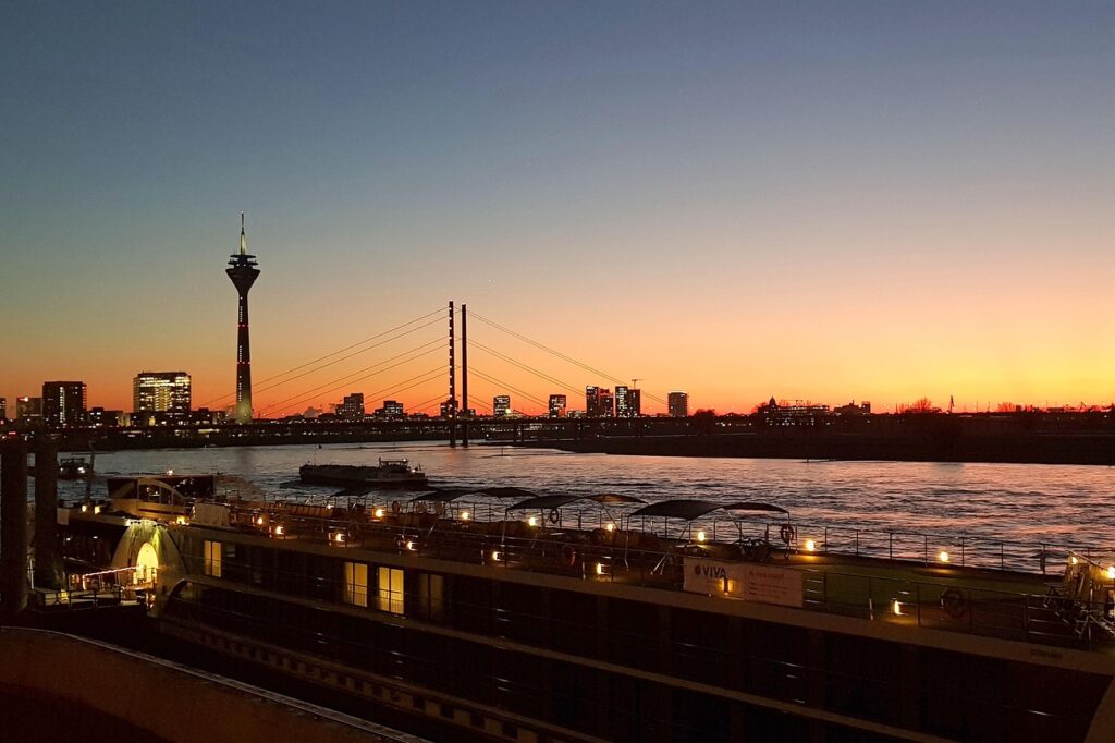rhine, skyline, nature, sunset, dusseldorf